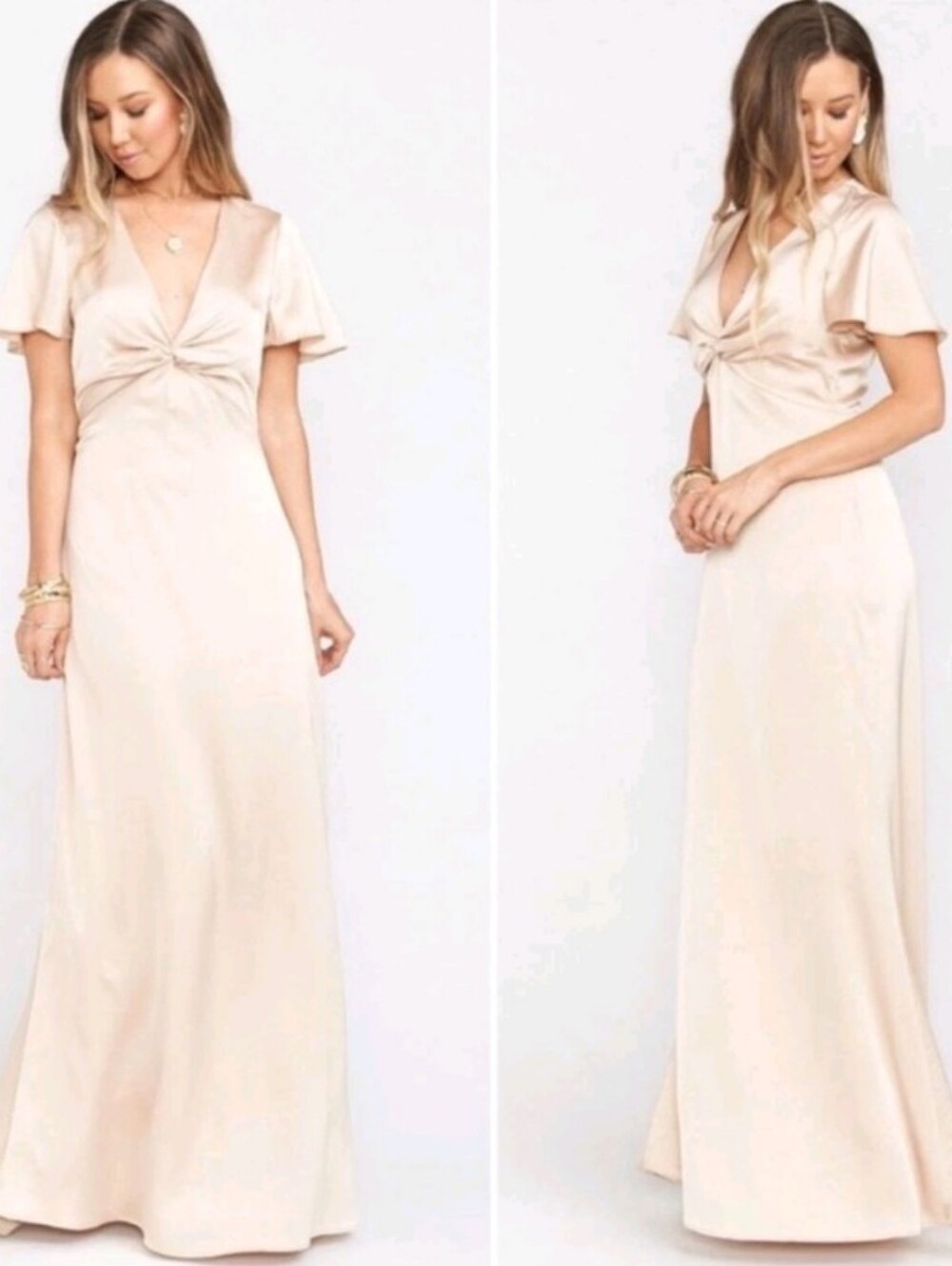 Show Me Your MuMu Rome Twist Gown Champagne Maxi Flutter Sleeve Wedding Dress Sm